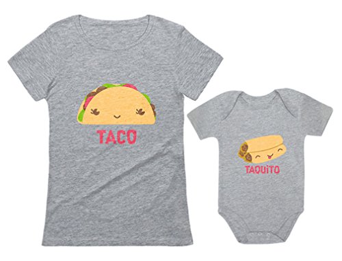 Product Cover Taco & Taquito Baby Bodysuit & Women's T-Shirt Set Mommy & Me Matching Outfit Taco Gray Small/Taquito Gray 12M (6-12M)