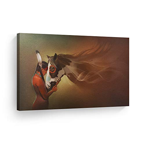 Product Cover SmileArtDesign Indian Wall Art Native American Girl and Horse Love Canvas Print Home Decor Decorative Artwork Gallery Wrapped Wood Stretched and Ready to Hang -%100 Handmade in The USA - 8x12