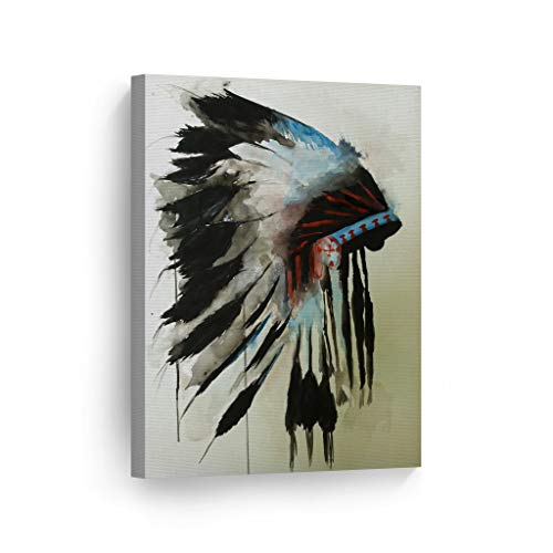 Product Cover INDIAN WALL ART Native American Chiefs Headdress Feathered Watercolor Canvas Print Home Decor Decorative Artwork Gallery Wrapped Wood Stretched and Ready to Hang - %100 Handmade in the USA - 12x8