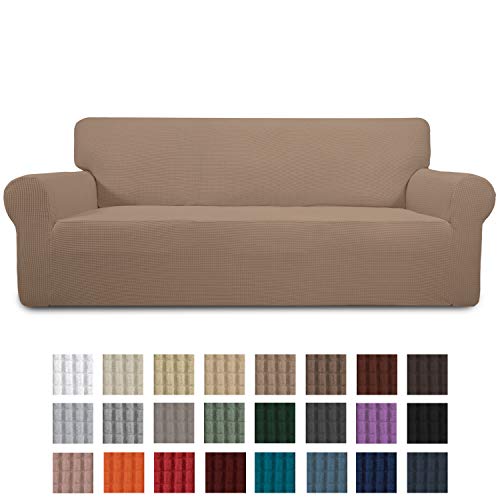 Product Cover Easy-Going Stretch Sofa Slipcover 1-Piece Couch Sofa Cover Furniture Protector Soft with Elastic Bottom for Kids, Spandex Jacquard Fabric Small Checks(Oversized Sofa,Camel)