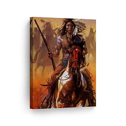 Product Cover SmileArtDesign Indian Wall Art Native Americans Riding Horses with Guns Canvas Print Home Decor Decorative Artwork Gallery Wrapped Wood Stretched and Ready to Hang -%100 Handmade in The USA - 12x8