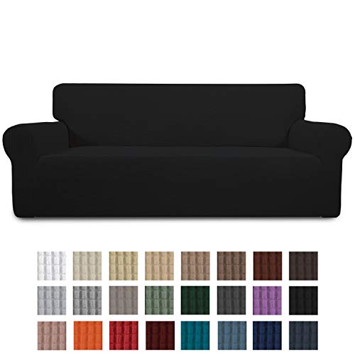 Product Cover Easy-Going Stretch Sofa Slipcover 1-Piece Couch Sofa Cover Furniture Protector Soft with Elastic Bottom for Kids, Spandex Jacquard Fabric Small Checks(Oversized Sofa,Black)