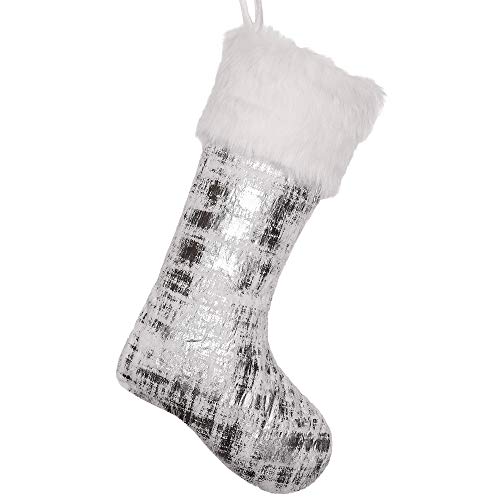 Product Cover Valery Madelyn 21 inch Frozen Winter Silver White Christmas Stockings with Shimmering Silver and Faux Fur Cuff, Themed with Tree Skirt (Not Included)