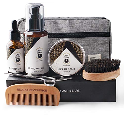 Product Cover BEARD REVERENCE Premium Beard Grooming Kit for Men Care w/Upgraded Travel Bag - All-Natural Beard Oil, Beard Balm Butter Wax, Beard Wash, Scissors, Comb, Boar Bristle Brush with Gift Set Box