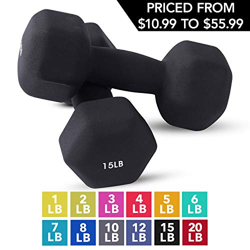 Product Cover Neoprene Dumbbell Pairs by Day 1 Fitness - 15 Pounds - Non-Slip, Hexagon Shape, Color Coded, Easy To Read Hand Weights for Muscle Toning, Strength Building, Weight Loss