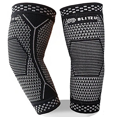Product Cover BLITZU Elbow Brace Compression Arm Sleeves UV Protection Elastic Support for Tendonitis Pain, Golfer's Elbow, Arthritis, Bursitis, Tennis, Basketball Lifting Sports Men Women (Black, L)