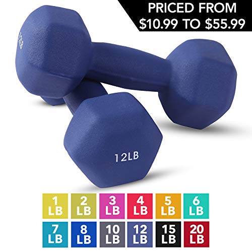 Product Cover Neoprene Dumbbell Pairs by Day 1 Fitness - 12 Pounds - Non-Slip, Hexagon Shape, Color Coded, Easy To Read Hand Weights for Muscle Toning, Strength Building, Weight Loss