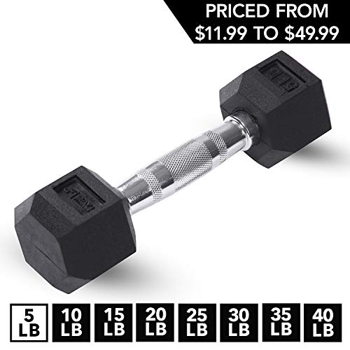 Product Cover Day 1 Fitness Rubber Hex Dumbbell Shaped Heads to Prevent Rolling and Injury - Ergonomic Hand Weights for Exercise, Therapy, Building Muscle, Strength and Weight Training - 5 lb Single