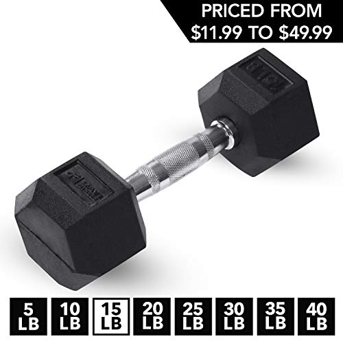 Product Cover Day 1 Fitness Rubber Hex Dumbbell Shaped Heads to Prevent Rolling and Injury - Ergonomic Hand Weights for Exercise, Therapy, Building Muscle, Strength and Weight Training - 15 lb Single