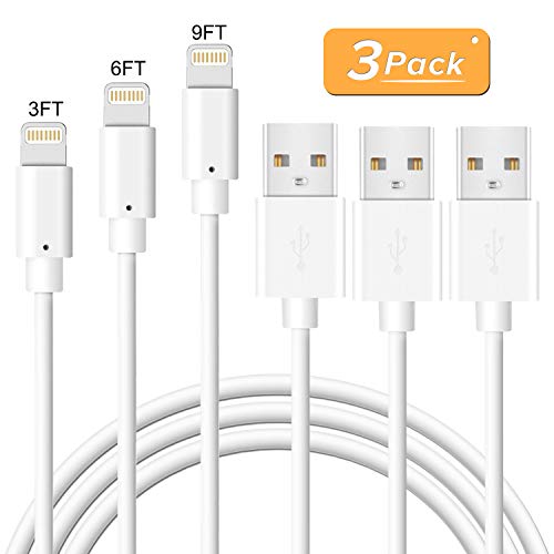 Product Cover Novtech iPhone Charger Cable - 3Pack 3FT 6FT 9FT Lightning Cable - MFi Certified Fast Charger Cable for iPhone 11 Pro XR Xs Max X 8 Plus 7 Plus 6S Plus 6 Plus 5S 5C 5 SE iPod iPad Air Pro - White
