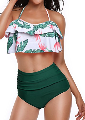 Product Cover Heat Move Women Retro Flounce High Waisted Bikini Halter Neck Two Piece Swimsuit (Green, M)