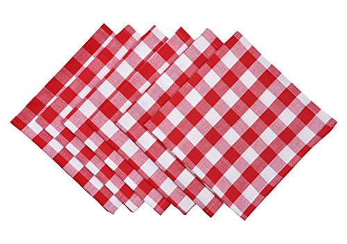 Product Cover Yourtablecloth Buffalo Plaid 100% Cotton Cloth Checkered Dinner Table Napkins - Vibrant Colors - Soft & Super Absorbent Napkins 20 x 20 Set of 6 Red and White