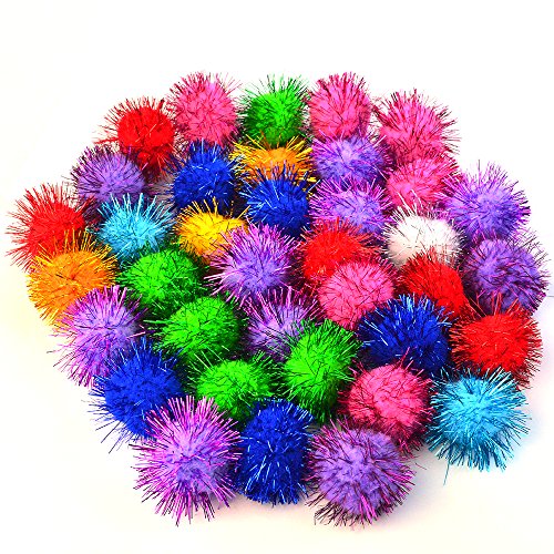 Product Cover baotongle 70 PCS Assorted Color Sparkle Balls, Tinsel Pom Poms Glitter For Cat kittens