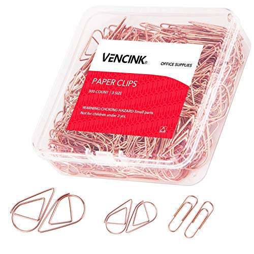 Product Cover 300 Pcs Cute Rose Gold Paper Clips Assorted Sizes, Smooth Steel Wire Paperclips Large Medium and Small for Office Supplies School Students Girls Kids Women Wedding Paper Document Organizing by VENCINK