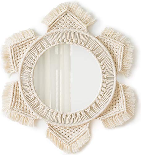 Product Cover Mkono Hanging Wall Mirror with Macrame Fringe Round Mirror Art Boho Decor for Apartment Living Room Bedroom Baby Nursery Dorm Entryways