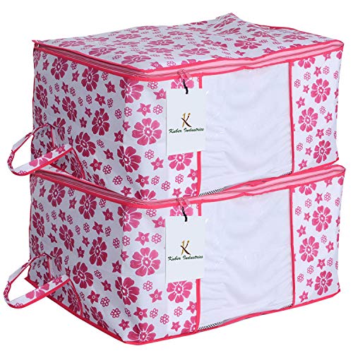 Product Cover Kuber Industries Underbed Storage Bag,Storage Organiser,Blanket Cover Set of 2 Pcs - Pink Flower Design (Extra Large Size) Code-UNDPL07