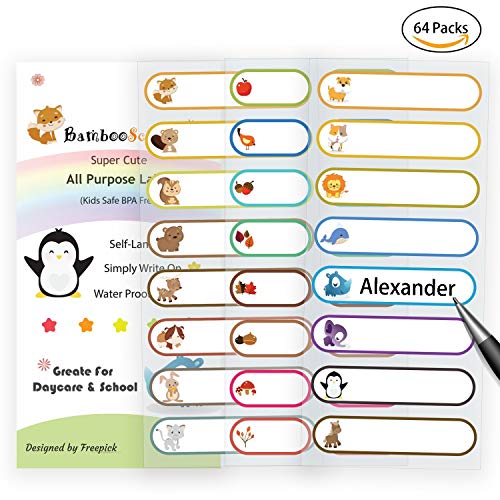 Product Cover Baby Bottle Labels for Daycare,School, Waterproof Write-On, Self-Laminating Name Labels, Tags, Sticker Multiple Colors(Animal Friends)