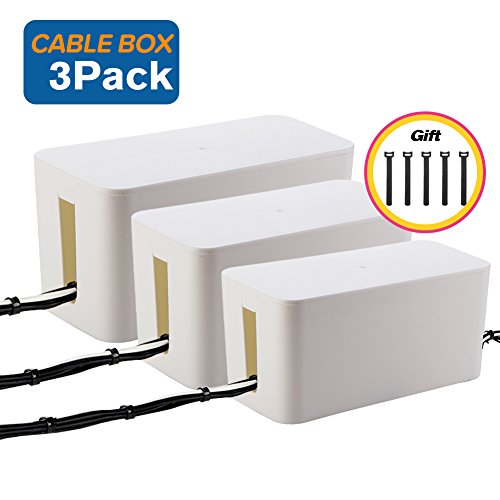 Product Cover [Set of Three] Cable Management Boxes, Large Storage Holder Cord Organizer for Desk, TV, Computer, USB Hub, System to Cover and Hide & Power Strips & Cords (White)