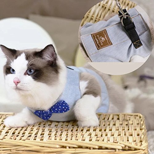 Product Cover Stock Show Cat/Dog Walking Jackets Cat Harness Vest and Matching Lead Leash Set with Cute Bowtie, Detachable Leash Reteo British Style Hareness for Puppy Mediums Dogs Cats (S, Light Blue)
