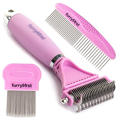 Product Cover Furryfirst Dog Cat Grooming Tool Kit - Thick Undercoat Dematting Brush & Shedding Combs Set for 2 Layer Coats, Short, Medium & Long Haired Pets - Pain-Free Design, Ergonomic, Non-Slip