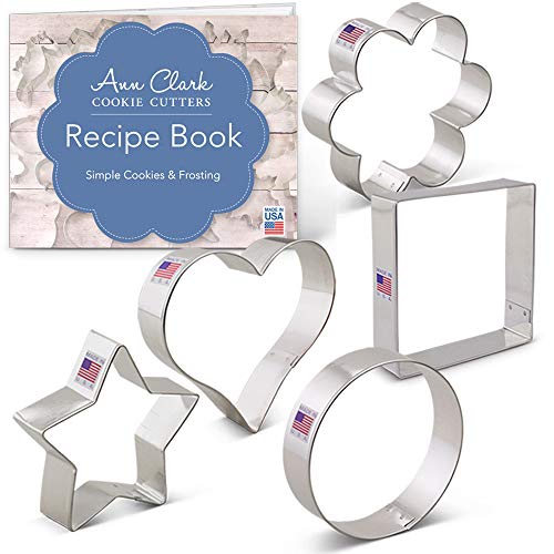 Product Cover Ann Clark Cookie Cutters 5-Piece Basic Cookie Cutter Set with Recipe Booklet, Star, Heart, Circle, Square and Flower