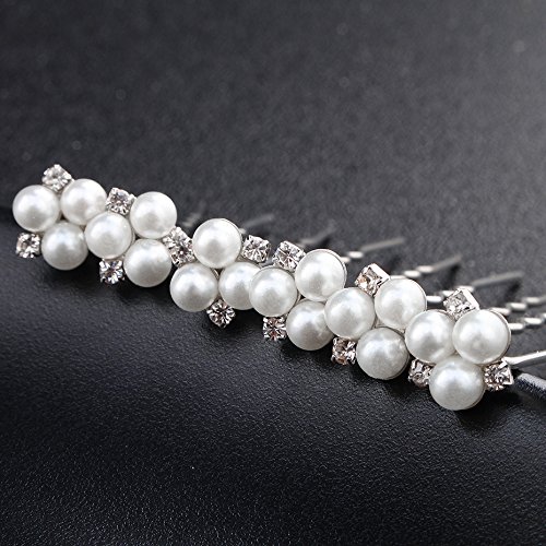 Product Cover Kercisbeauty Handmade Wedding Bridal Bridesmaids Hair Pins Simple Pearl and Rhinestone Vintage Boho Headpiece for Wedding,Party,Long Curly Bun Hair Accessories (set of 6) (Silver)