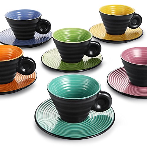 Product Cover Hoomeet Ceramic Espresso Cups and Saucers,Set of 6, with Embossed Swirling Lines, 2.5oz, 6 Candy Colors Assorted