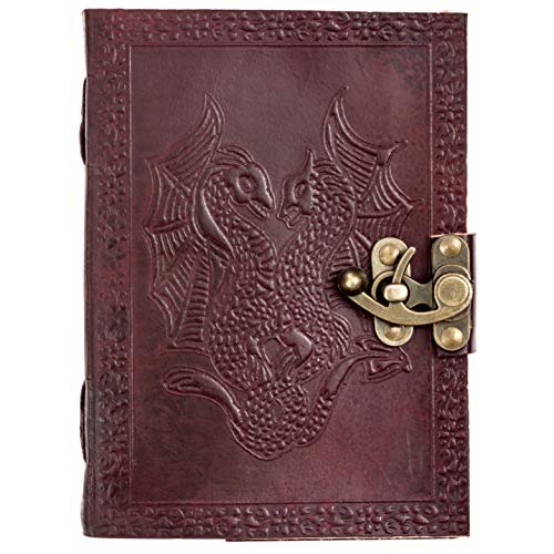 Product Cover CARVEx Leather Journal Double Dragon Handmade Writing Notebook 7 x 5 Inches Unlined Paper, Brown Antique Leatherbound Daily Diary Notepad for Men & Women Gift
