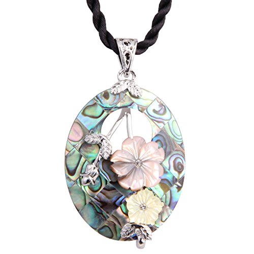 Product Cover Luckeyui Oval Abalone Necklace for Women Sea Shell Flower Pendant Jewelry with Black Rope Chain