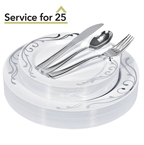 Product Cover Silver Scroll Rim Plastic Dinnerware (125-Piece) Plastic Plates, Plastic Forks, Plastic Knives, Plastic Spoons - Service for 25 Guests Place Setting for Wedding, Party, Baby Shower, Birthday, Holiday