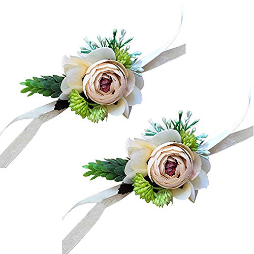 Product Cover Yokoke Artificial Peony Silk Flower Boutonniere Bouquet Corsage Wristlet Vintage Fake Succulent Plants Pink Peach For Wedding Decor 2 Pc (wristlet)