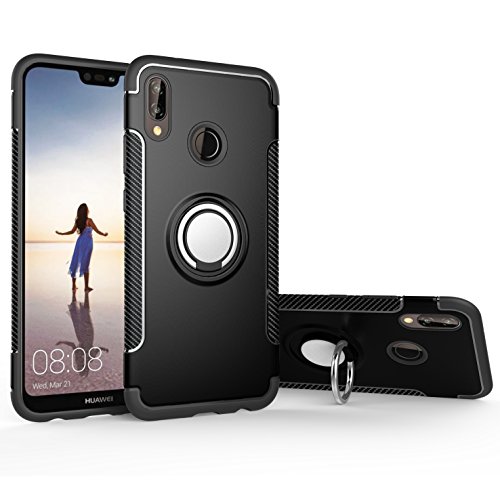 Product Cover Orzero TPU + PC Hybrid Dual Layer Case Compatible for Huawei P20 Lite Full Body Heavy Duty Protection 360 Rotating Metal Ring (Adsorbed Iron Plate) (Huawei P20 Lite Not Included)-Black