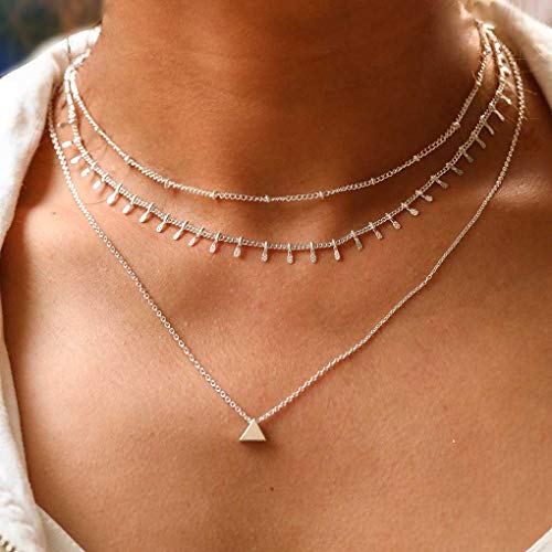 Product Cover Tgirls Boho Layered Tassel Necklaces Bead Chain Necklace with Triangle Pendant for Women and Girls XL-018 (Silver)
