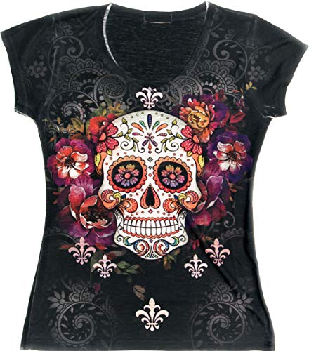 Product Cover Sweet Gisele Sugar Skull V-Neck T Shirt Day of The Dead Rhinestones Bling for Women Black,Medium,Black