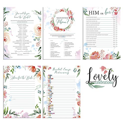 Product Cover Lovely Celebrations: Bridal Shower Games Pack: What's on your phone, Him or Her, How well do you know the Bride?, Advice to the Bride, Advice Cards, Emoji Games, 50 each, 250 pieces total, decorations