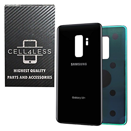 Product Cover CELL4LESS Compatible Back Glass Cover Back Battery Door w/Pre-Installed Adhesive Replacement for Samsung Galaxy S9 Plus OEM - All Models G965 All Carriers- 2 Logo - OEM Replacement (Black)