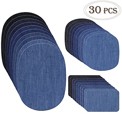 Product Cover Outuxed 30pcs Iron on Denim Patches Fabric Patches for Clothing Jeans, Iron on Repair Kit, 5 Colors, 3 Sizes(4.9x6.9 Inches, 3.7x4.1 Inches, 2x3 Inches)