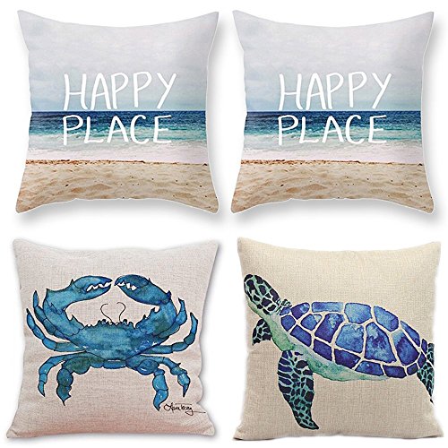 Product Cover TUOKAY Blue Watercolor Turtle Crab Pillow Cases, Happy Place Pillow Case, Beach Series Decorative Throw Pillow Covers for Condo, Set of 4pcs, Chair/Sofa Size Cushion Covers 18 x 18 inch
