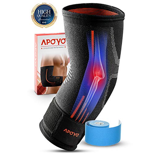 Product Cover APOYO Elbow Brace Compression Support Sleeve for Tendonitis, Tennis Elbow, Golf Elbow, Weightlifting, More, with Adjustable Strap & Bonus Elastic Therapeutic Tape, Great for Workouts & Sports-Large