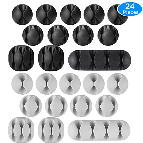 Product Cover AUSTOR 24 Pieces Cable Clips Adhesive Silicone Cable Holders Desk Cable Management Clips Wire Holder for Cable, Cord and Wire, Black and Grey