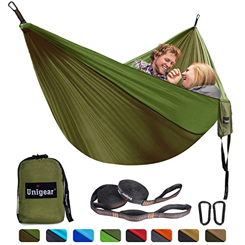 Product Cover Unigear Double Camping Hammock, Portable Lightweight Parachute Nylon Hammock with Tree Straps for Backpacking, Camping, Travel, Beach, Garden (Oliver Green/Army Green, 320x200)