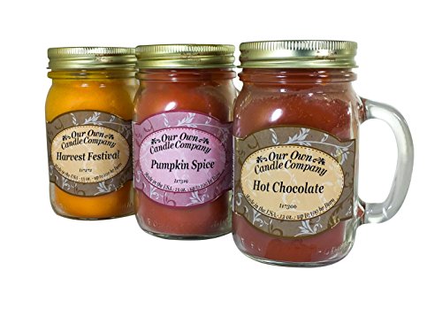 Product Cover Our Own Candle Company Our Own Harvest Festival, Pumpkin Spice, and Hot Chocolate-Autumn Variety Scented Mason Jar Candles, 13 oz (3 Pack)