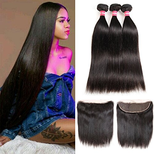 Product Cover LONG YAO Brazilian Straight Virgin Hair 3 Bundles with Frontal Closure 13×4 Ear to Ear Lace Frontal with Bundles 100% Virgin Human Hair Extensions Weave weft Natural Color (16 18 20 +14 Frontal)