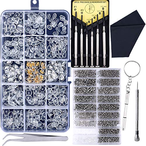 Product Cover Upgrade Version Eyeglass Repair Kit,1500 Pcs More Complete Glasses Screws Kit and Nose Pads with 6 Pcs Screwdrivers and 3 Pcs Tools for Glasses, Eyeglasses and Sunglasses Repair