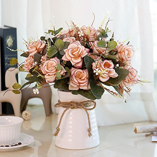Product Cover YILIYAJIA Artificial Rose Bouquets with Ceramics Vase Fake Silk Rose Flowers Decoration for Table Home Office Wedding (Pink)