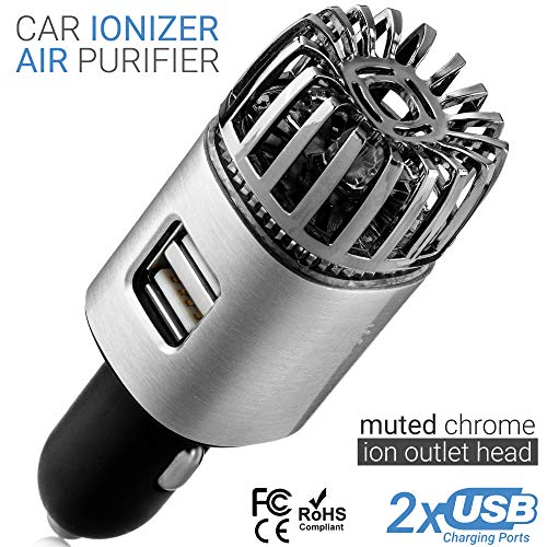 Product Cover Car Air Purifier Ionizer - 12V Plug-in Ionic Anti-Microbial Car Deodorizer with Dual USB Charger - Smoke Smell, Pet and Food Odors, Allergens, Viruses Eliminator for Car (Matte Silver)