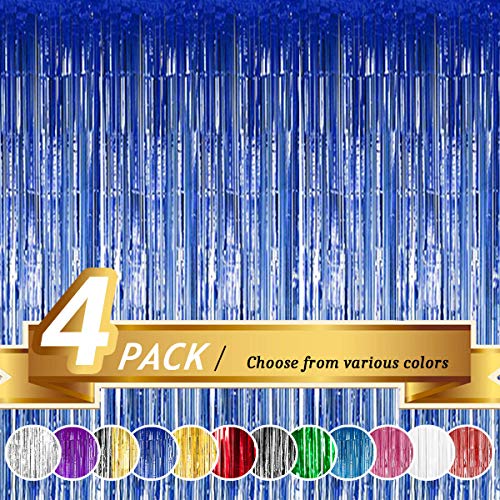 Product Cover BTSD-home Blue Foil Fringe Curtain, Metallic Photo Booth Backdrop Tinsel Door Curtains for Wedding Birthday Bridal Shower Baby Shower Bachelorette Christmas Party Decorations(4 Pack, 12ft x 8ft)