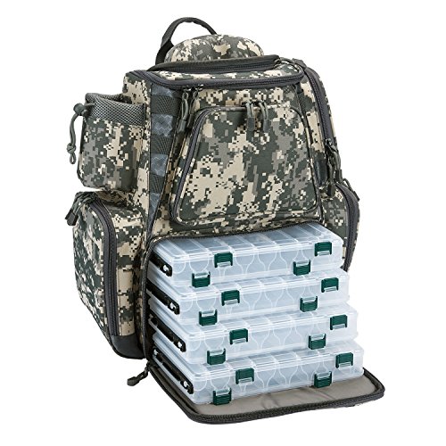Product Cover Piscifun Fishing Tackle Backpack with 4 Trays Large Capacity Waterproof Fishing Tackle Bag with 4 Tackle Boxes and Protective Rain Cover Digital Camouflage