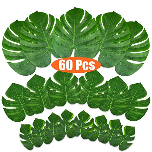 Product Cover KUUQA 60 Pcs Tropical Leaves Party Decoration Artificial Tropical Palm Monstera Plant Leaves Imitation Leaf for Hawaiian Luau Aloha Party Jungle Theme BBQ Birthday Party Supplies 3 Sizes