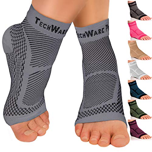 Product Cover TechWare Pro Ankle Brace Compression Sleeve - Relieves Achilles Tendonitis, Joint Pain. Plantar Fasciitis Foot Sock with Arch Support Reduces Swelling & Heel Spur Pain. (Gray, XXL)